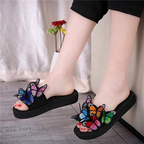 Summer Flat Slide Sandals For Women's Butterfly Platform Low Heel Comfy Sandals - Picture 6 of 8